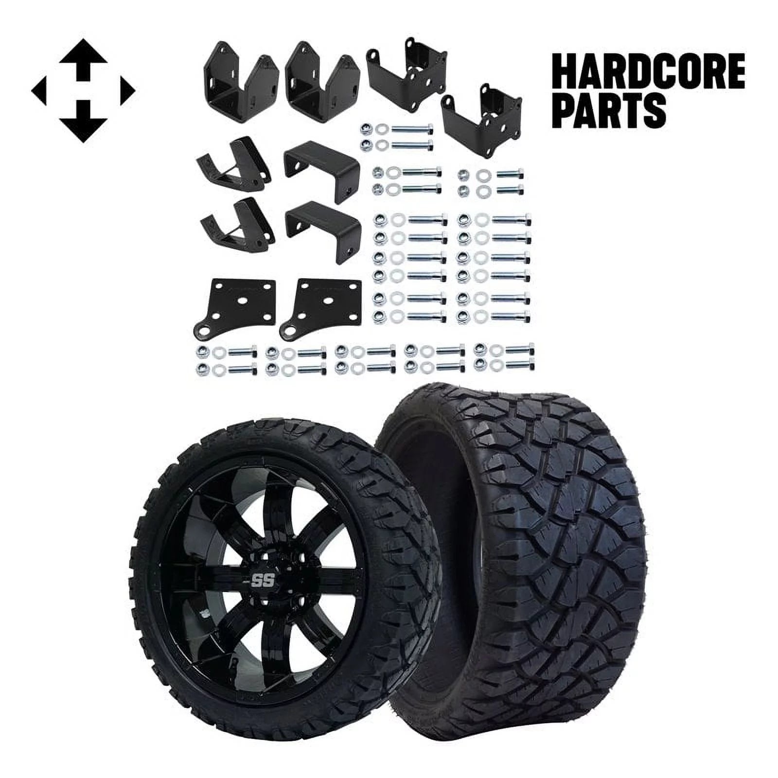 Hardcore Parts 4 Block Lift Kit for EZGO TXT (1994.5-2001.5) Electric Golf Cart with 14 Black 'TEMPEST' Wheels and 20x8.5-14 STINGER On-Road/Off-Road DOT rated All-Terrain tires