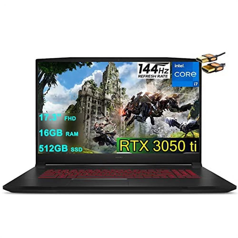 MSI Katana GF76 17 Gaming Laptop 17.3¡± FHD IPS 144Hz Display 11th Gen Intel 8-Core i7-11800H 16GB RAM 512GB SSD GeForce RTX 3050 Ti 4GB Backlit USB-C Nahimic Win10 Black + HDMI Cable