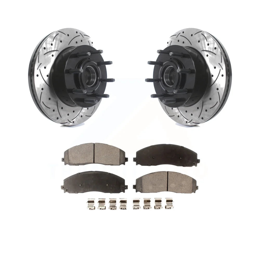 Transit Auto - Front Coated Drilled Slotted Disc Brake Rotors Hub Assembly And Semi-Metallic Pads Kit For Ford F-250 Super Duty F-350 KDF-100713