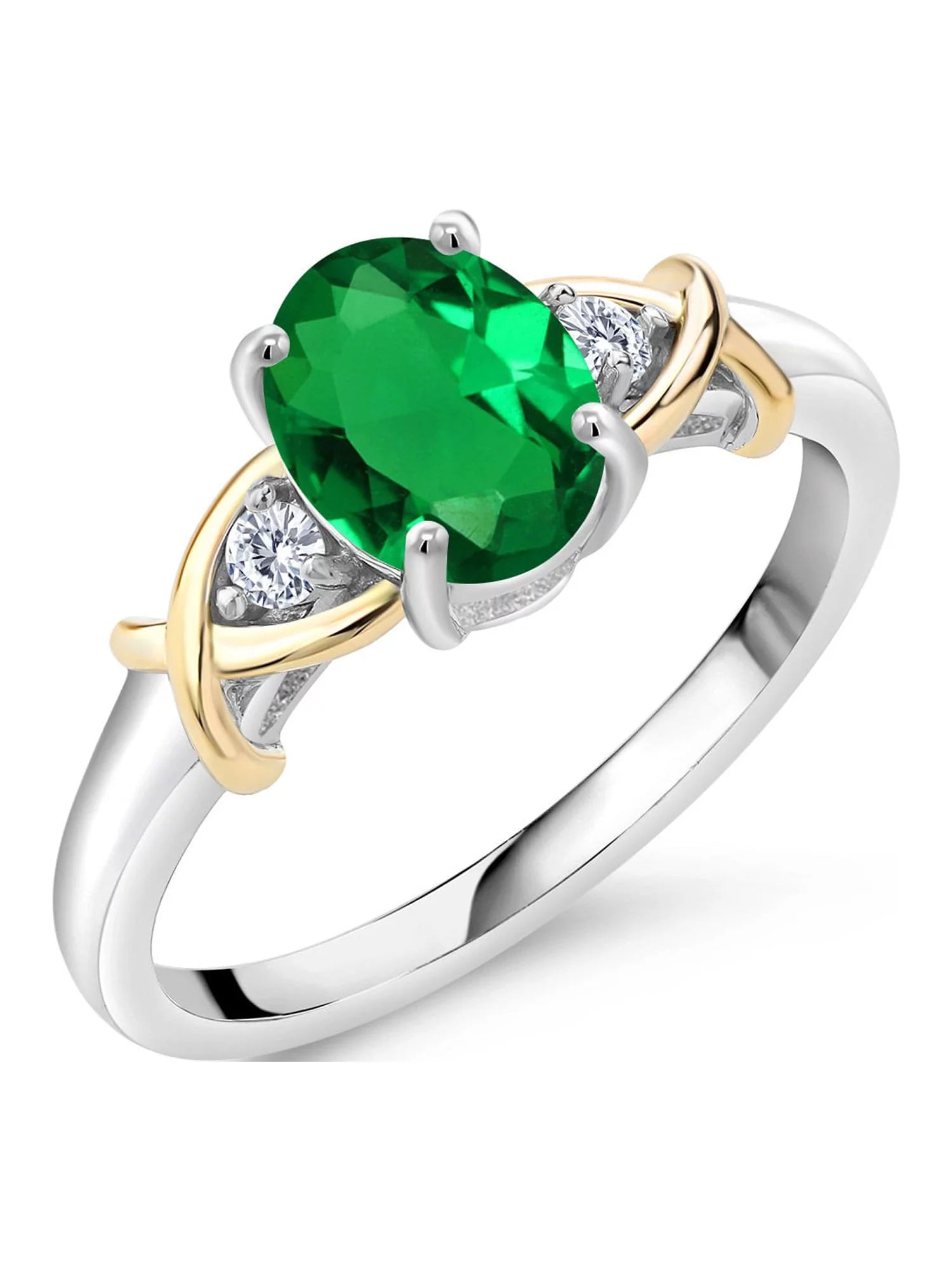 Gem Stone King 2 Tone 10K Yellow Gold and 925 Sterling Silver Green Nano Emerald and Lab Grown Diamond Ring For Women (0.83 Cttw, Available in Size 5,6,7,8,9)