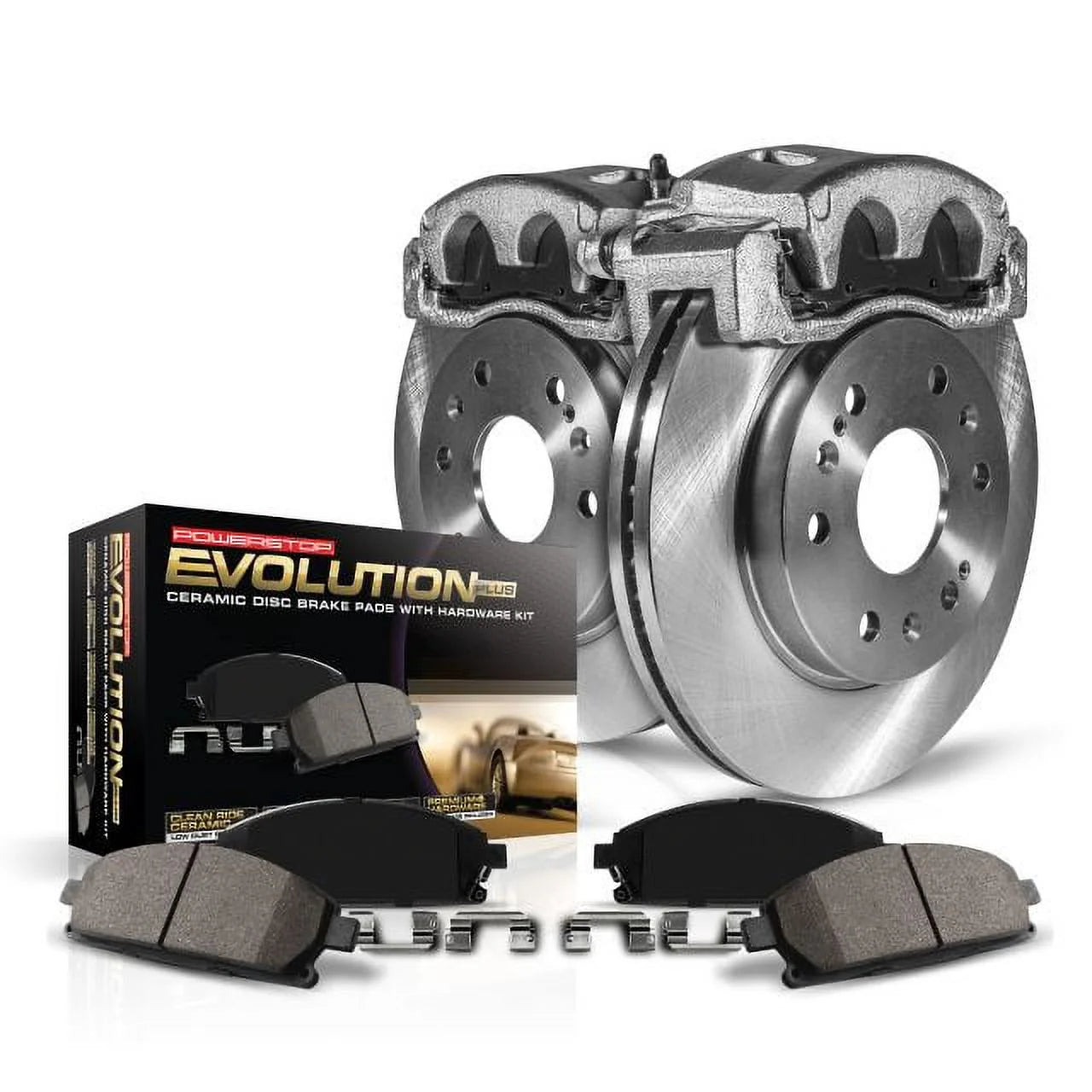 Power Stop Front Stock Replacement Brake Pad and Rotor Kit with Calipers KCOE196