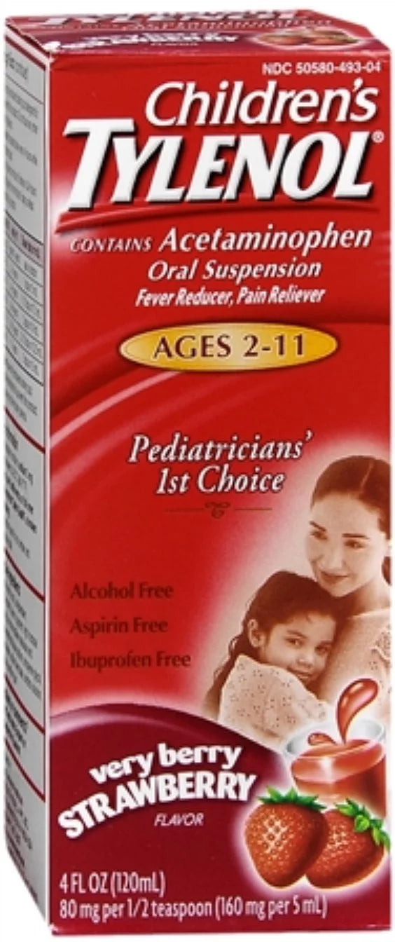 TYLENOL Children's Oral Suspension Very Berry Strawberry 4 oz (Pack of 4)