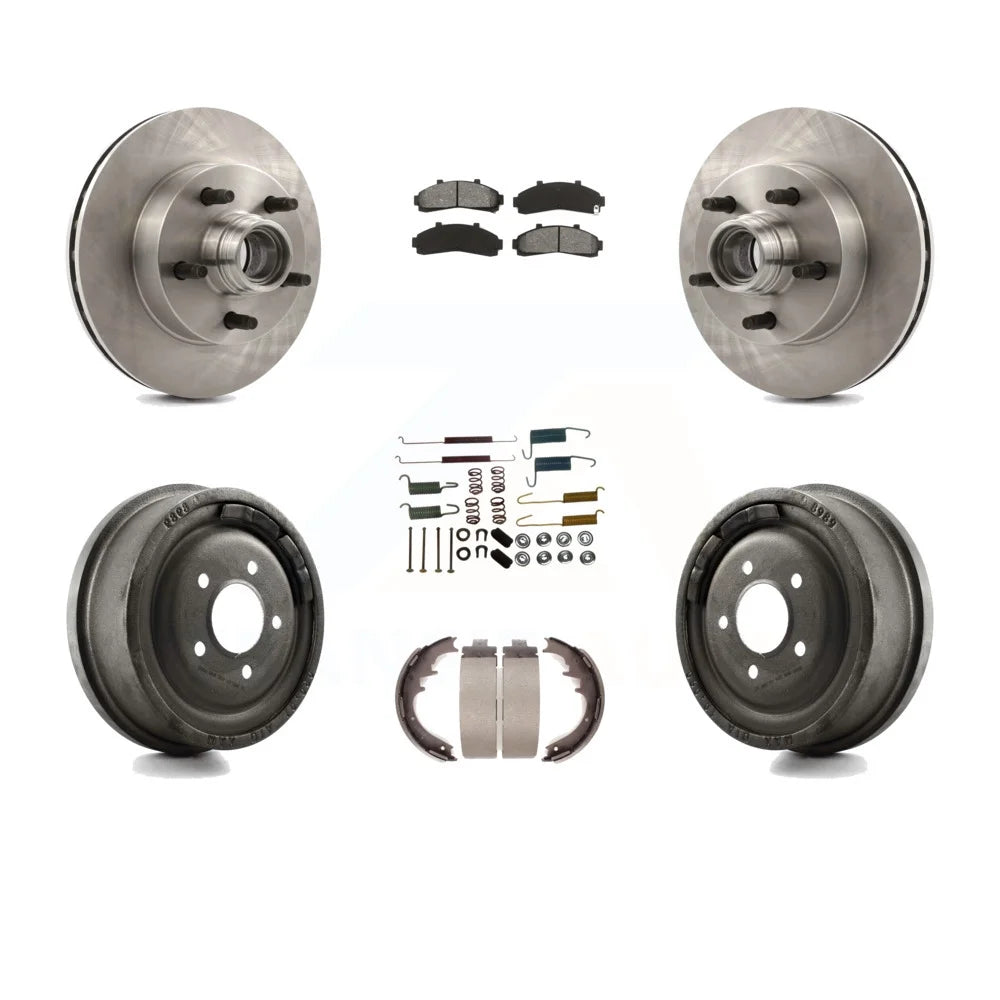 Transit Auto - Front Rear Disc Brake Rotors Hub Assembly Semi-Metallic Pads And Drum Kit (7Pc) For 1998-1999 Mazda B4000 RWD with 4-Wheel ABS With 10 Diameter K8S-102204