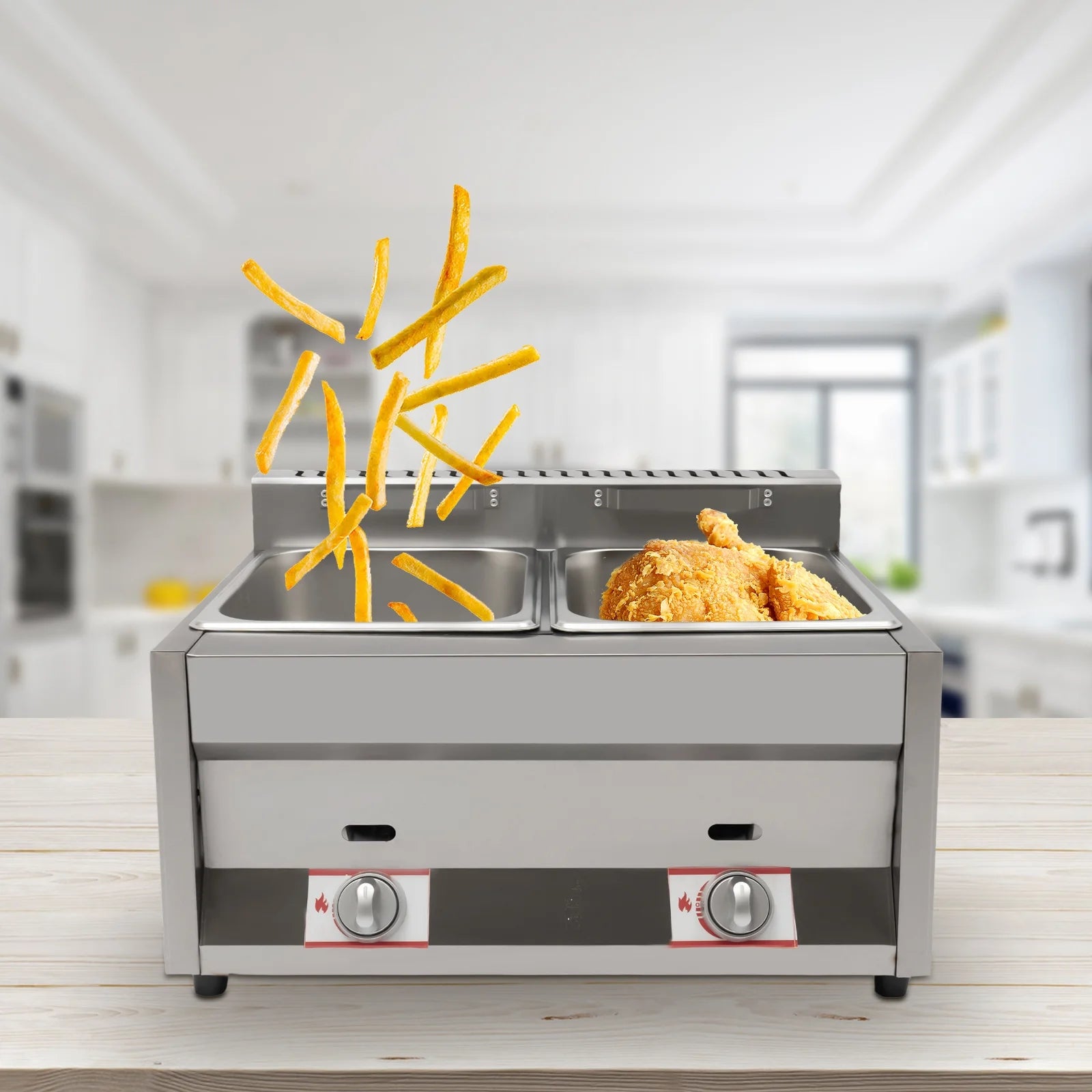 Fichiouy Commercial Gas Fryer Stainless Steel Countertop 2 Basket Deep Fryer Propane(LPG) 6L 50¡«380¡æ