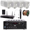 Pyle 2-Channel Wireless Karaoke Home Audio Bluetooth Stereo Amplifier Receiver System Bundle Combo with 4x 3.5'' Weather Proof White Box Speakers, Wireless Microphone Receiver System, Speaker Wire