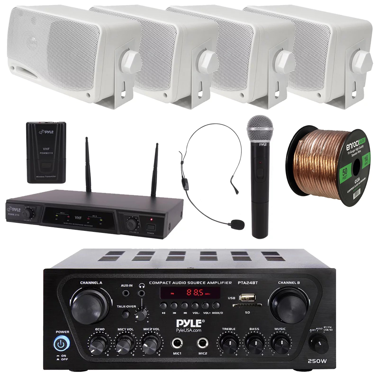 Pyle 2-Channel Wireless Karaoke Home Audio Bluetooth Stereo Amplifier Receiver System Bundle Combo with 4x 3.5'' Weather Proof White Box Speakers, Wireless Microphone Receiver System, Speaker Wire