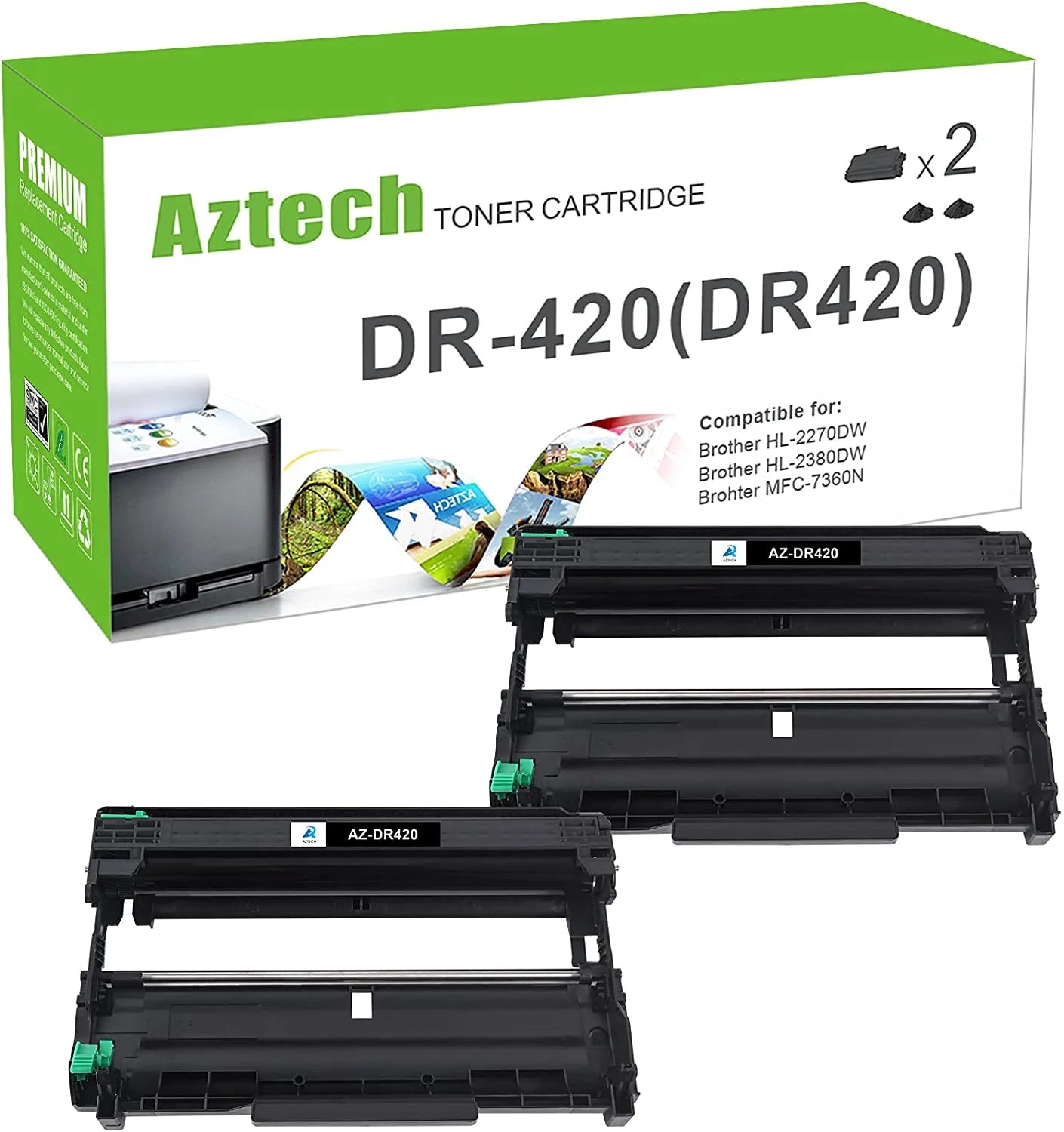 A AZTECH DR420 Drum Unit Replacement Compatible for Brother DR420 DR-420 (Black, 2-Packs)