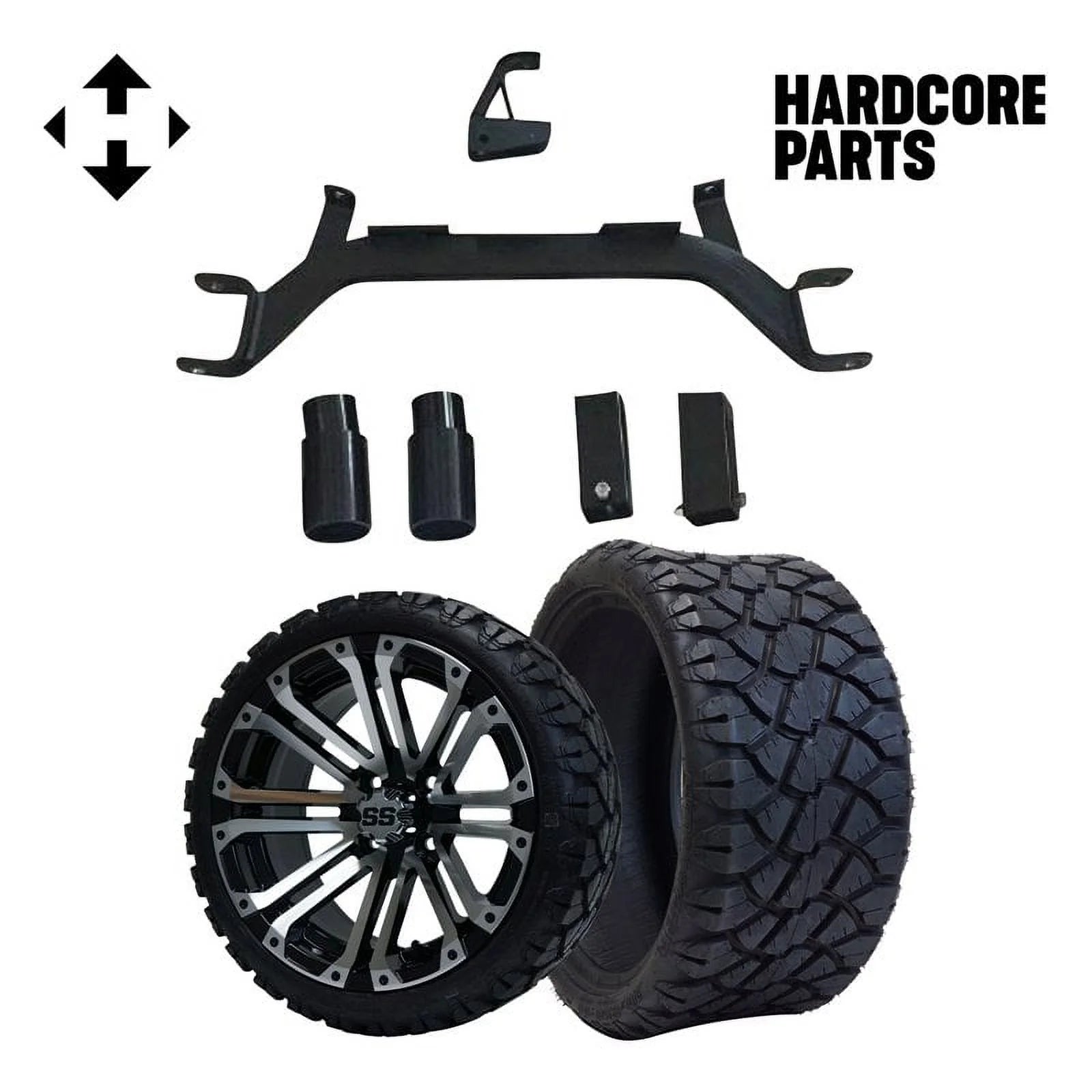 Hardcore Parts 4 Drop Axle Lift Kit for EZGO Marathon (1975-1993) Gas Golf Cart with 14 Machined/Black 'LANCER' Wheels and 20x8.5-14 STINGER On-Road/Off-Road DOT rated All-Terrain tires