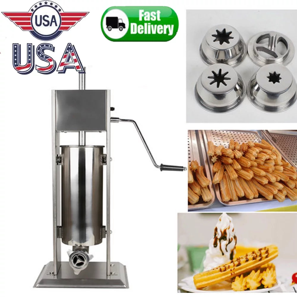 Stainless Steel Commercial Restaurant Manual Spanish Churro Maker Machine 5L + Nozzles