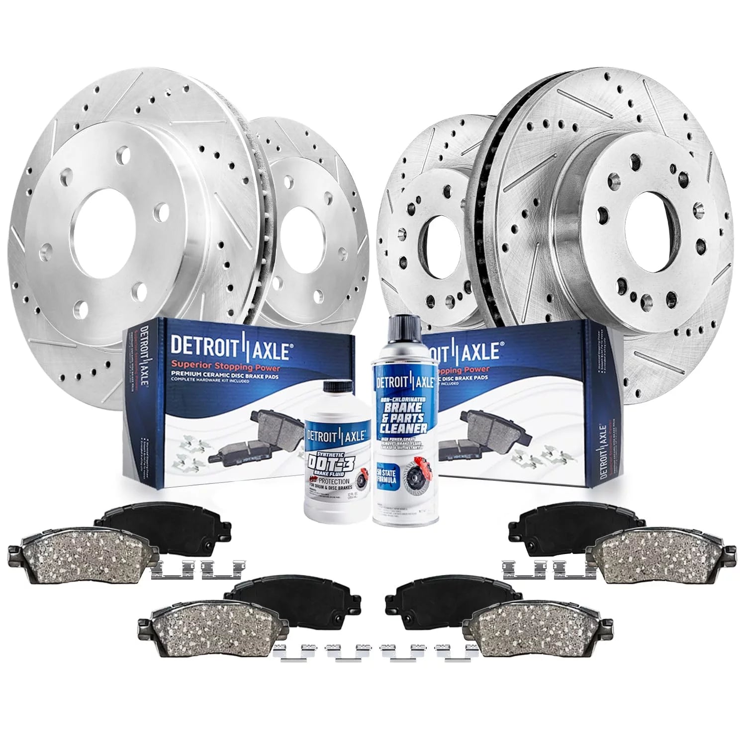 Detroit Axle - Brake Kit for Chevy Silverado Suburban GMC Sierra Yukon XL 1500 Avalanche Cadillac Escalade ESV EXT Drilled & Slotted Brakes Rotors Ceramic Brake Pads Front and Rear Replacement