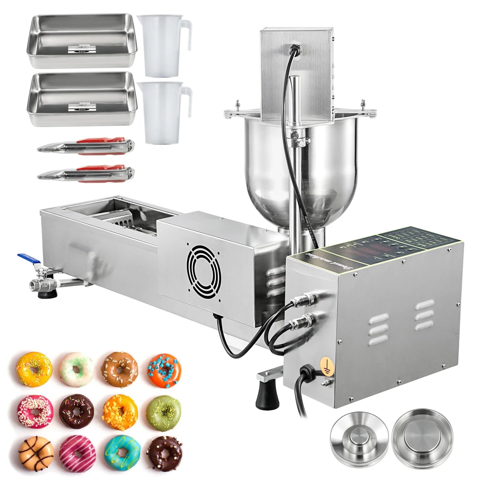 SKYSHALO 110V Commercial Automatic Donut Making Machine, Single Row Automatic Donut Making Machine, 7L Hopper Making Machine with 3 Size Molds, 1 Piece, Silver