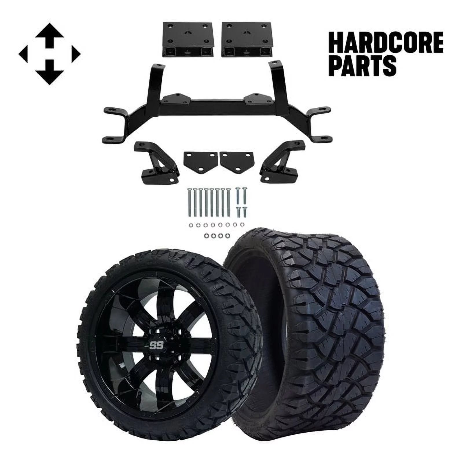 Hardcore Parts 4 Drop Axle Lift Kit for EZGO TXT/PDS (1994.5-2001.5) Gas Golf Cart with 14 Black 'TEMPEST' Wheels and 20x8.5-14 STINGER On-Road/Off-Road DOT rated All-Terrain tires