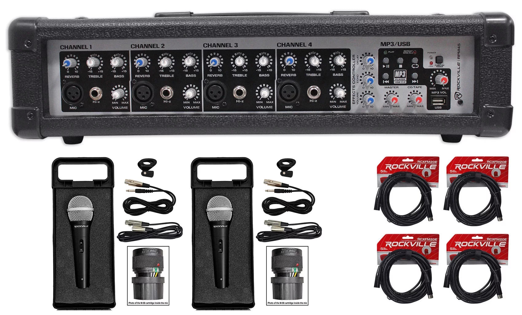 Rockville RPM45 1800w Powered 4-Channel Mixer Pro Mixing Amplifier, FX, Phantom