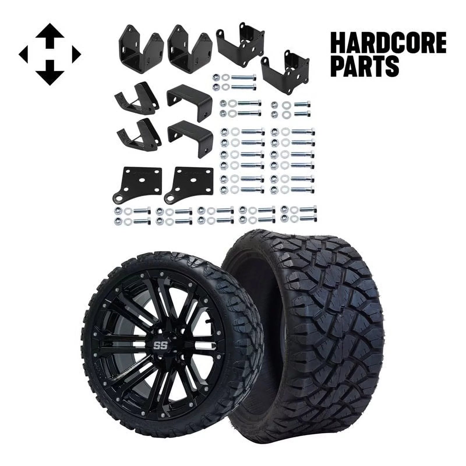 Hardcore Parts 4 Block Lift Kit for EZGO TXT (1994.5-2001.5) Electric Golf Cart with 14 Black 'LANCER' Wheels and 20x8.5-14 STINGER On-Road/Off-Road DOT rated All-Terrain tires