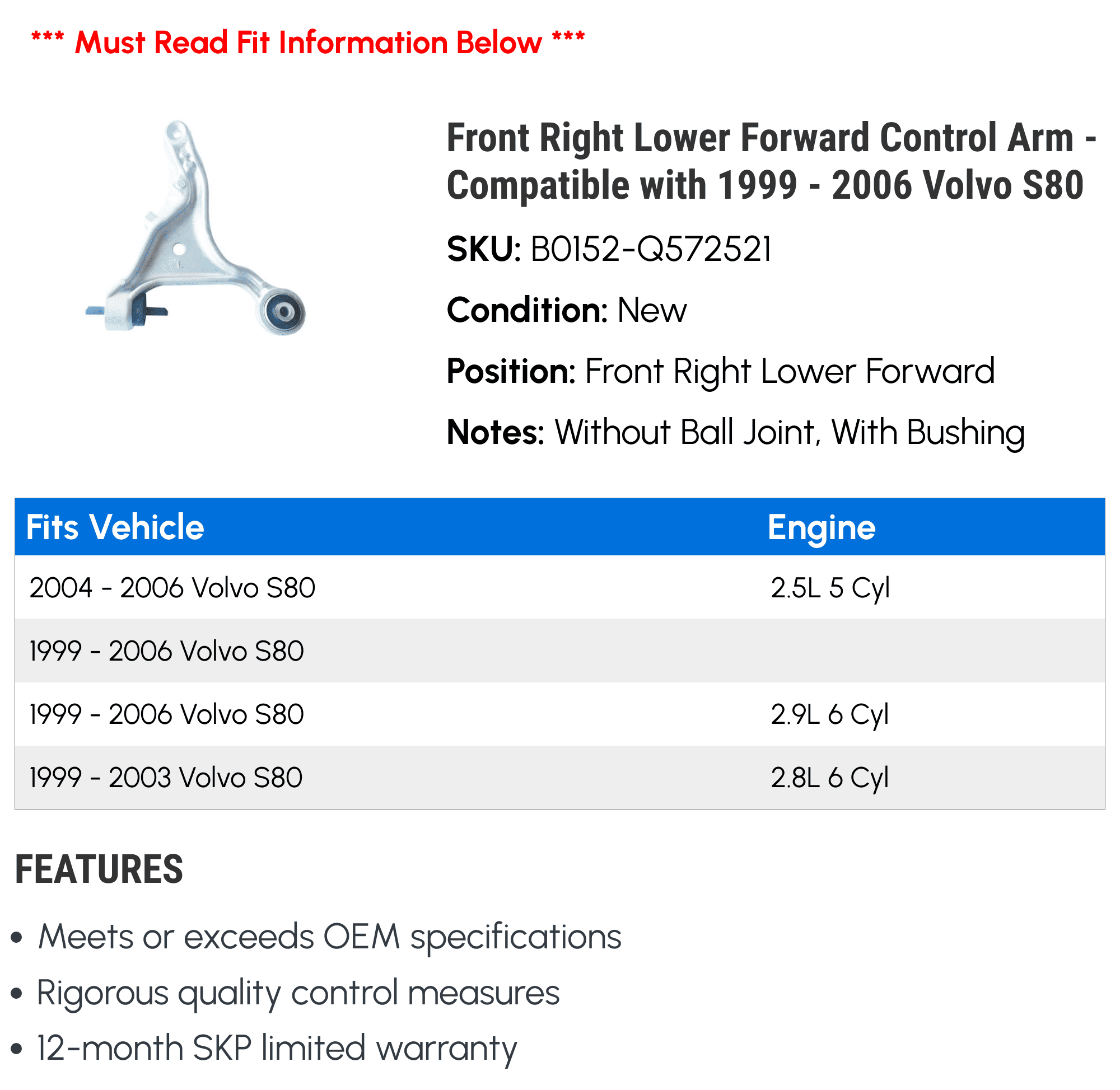 Front Right Lower Forward Control Arm - Compatible with 1999 - 2006 Volvo S80 2000 2001 2002 2003 2004 2005