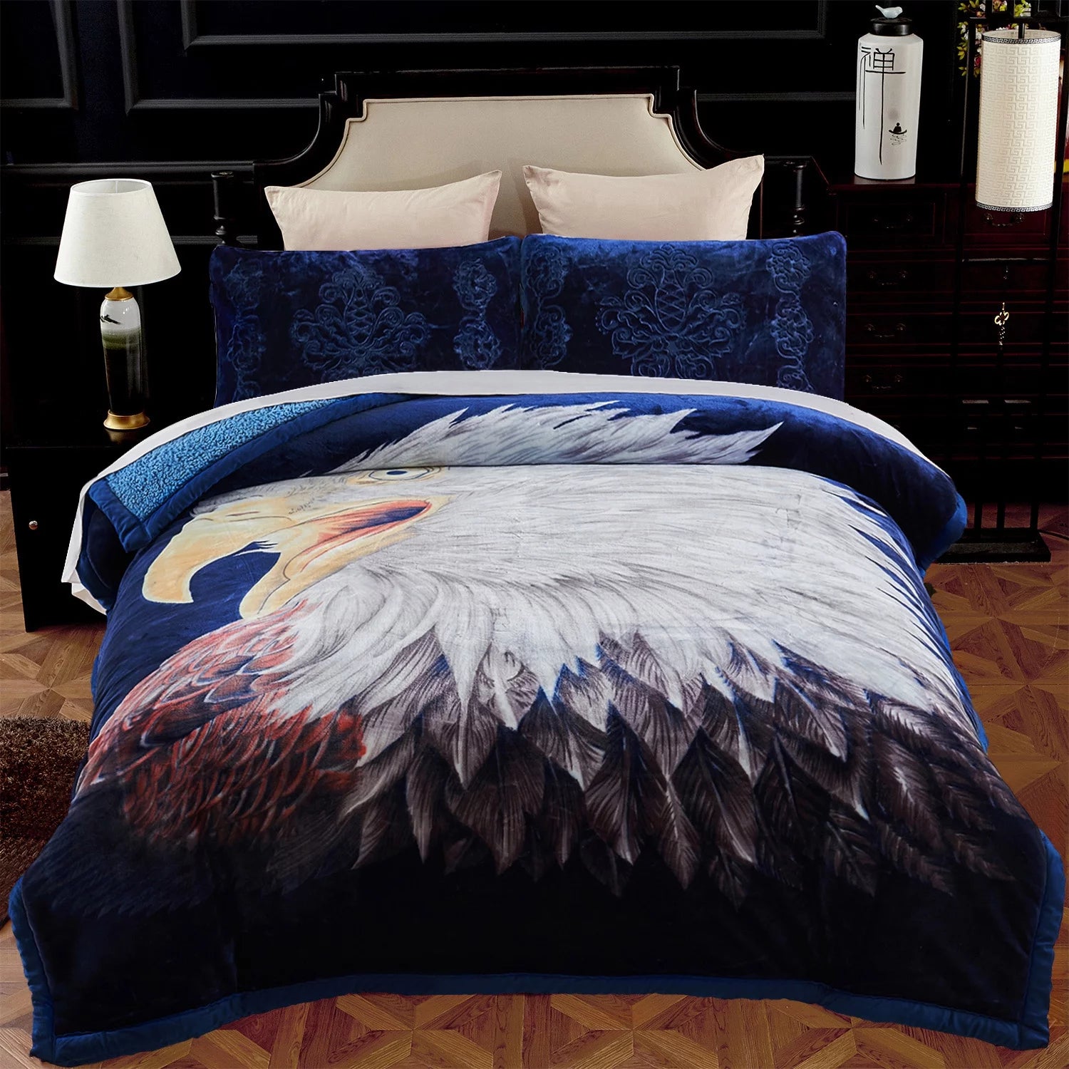 NC Warm Flannel Fleece Sherpa Blanket For King Bed 3 Piece,Printed Borrego Blanket,79x91