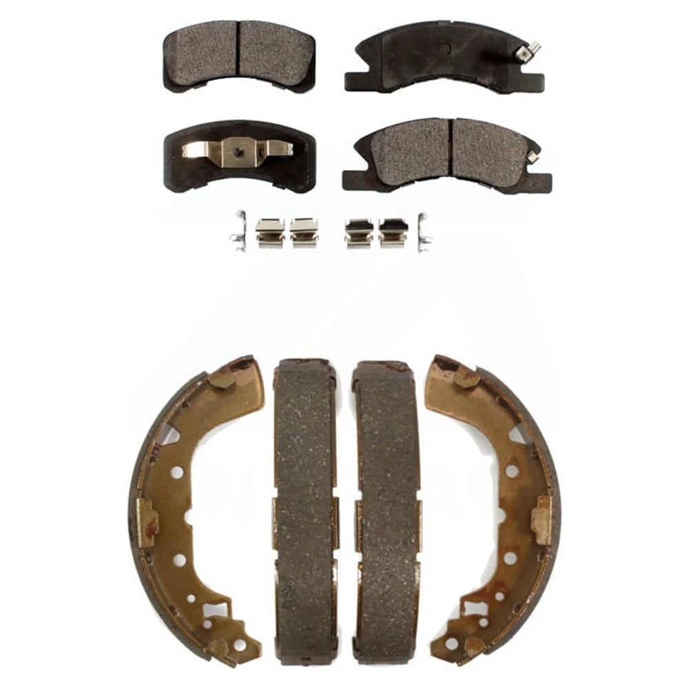 Transit Auto - Front Rear Semi-Metallic Brake Pads And Drum Shoes Kit For 2014-2015 Mitsubishi Mirage KFN-100213
