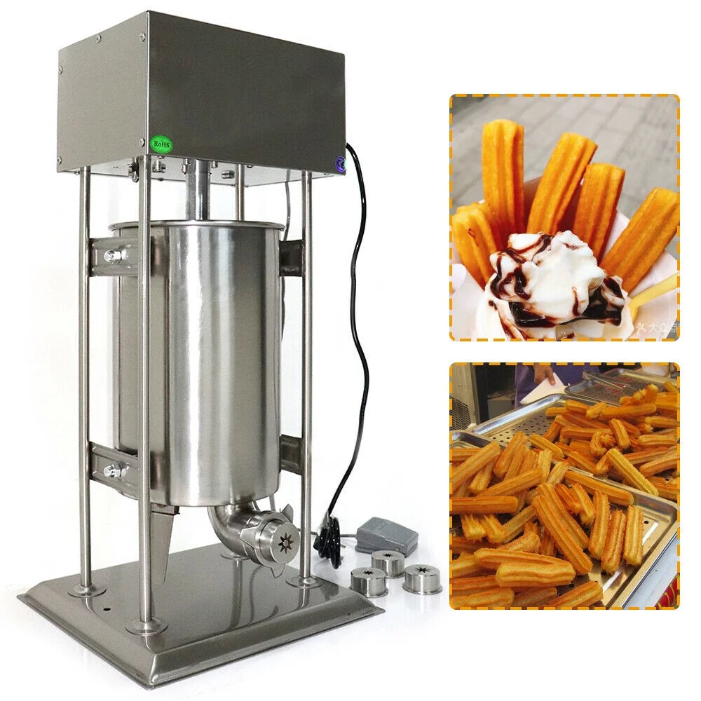 Commercial Doughnut Baking Machine Electric Spanish Churro Maker Stainless Steel Vertical Commercial Electric 15L Spanish Doughnuts Churro Maker Machine + 4*Mold Doughnut Machine Stainless + 4*Mold