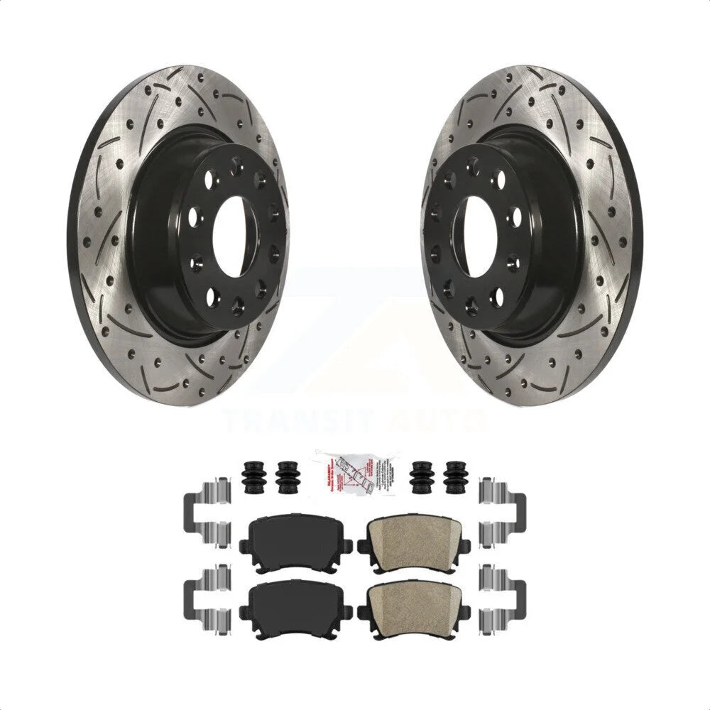 Transit Auto - Rear Coated Drilled Slotted Disc Brake Rotors And Ceramic Pads Kit For Volkswagen CC Jetta Tiguan Passat Audi GTI A3 Eos Limited Quattro KDA-101914