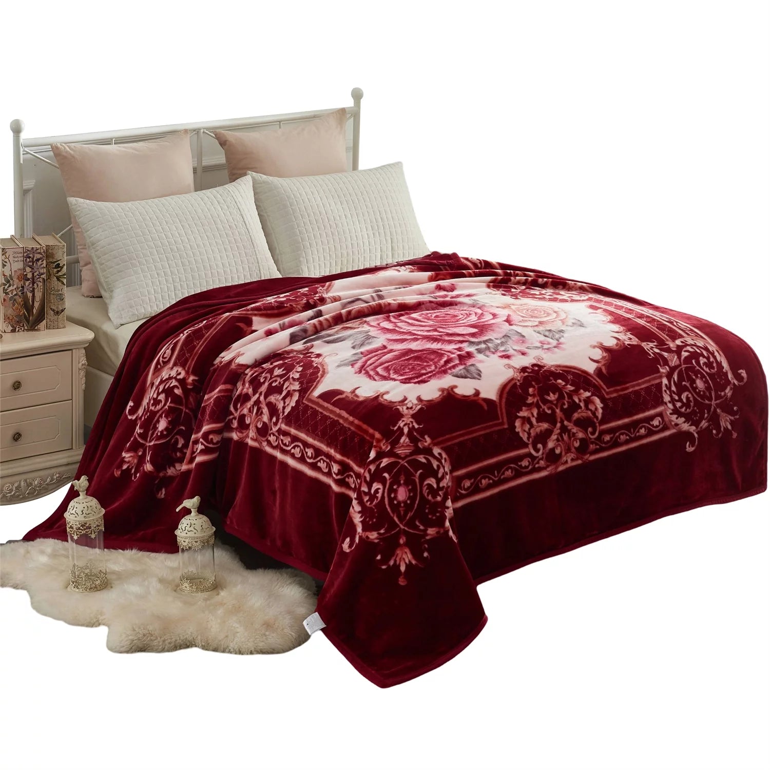 NC Plush Fleece Bed Blanket, Soft, Reversible Warm Blanket Queen 77x87, Burgundy Floral