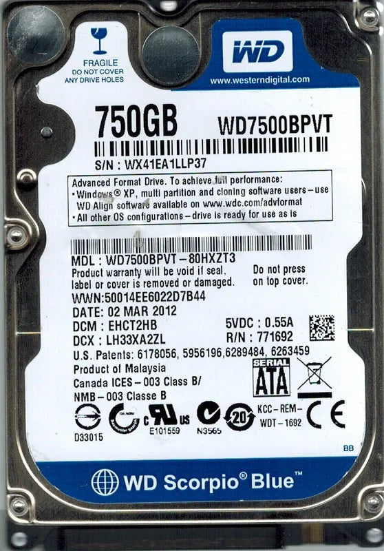 Western Digital WD7500BPVT-80HXZT3 750GB DCM: EHCT2HB