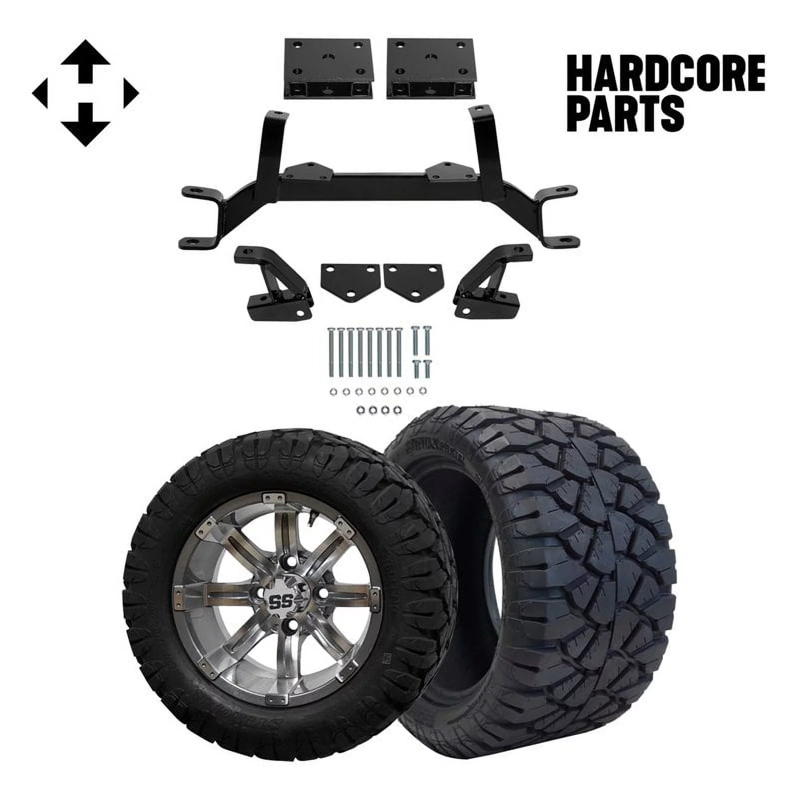 Hardcore Parts 4 Drop Axle Lift Kit for EZGO TXT/PDS (1994.5-2001.5) Gas Golf Cart with 12 Machined/Gunmetal 'Tempest' Wheels & 20x10-12 STINGER On-Road/Off-Road DOT rated All-Terrain tires