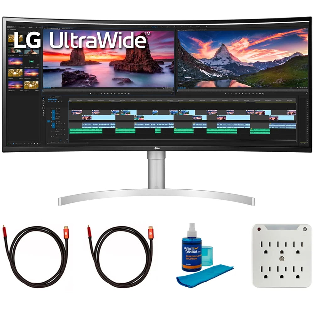 LG 38WN95C-W 38 inch UltraWide QHD+ IPS Curved Monitor NVIDIA G-SYNC Compatible Bundle with 2x 6FT Universal 4K HDMI 2.0 Cable, Universal Screen Cleaner and 6-Outlet Surge Adapter