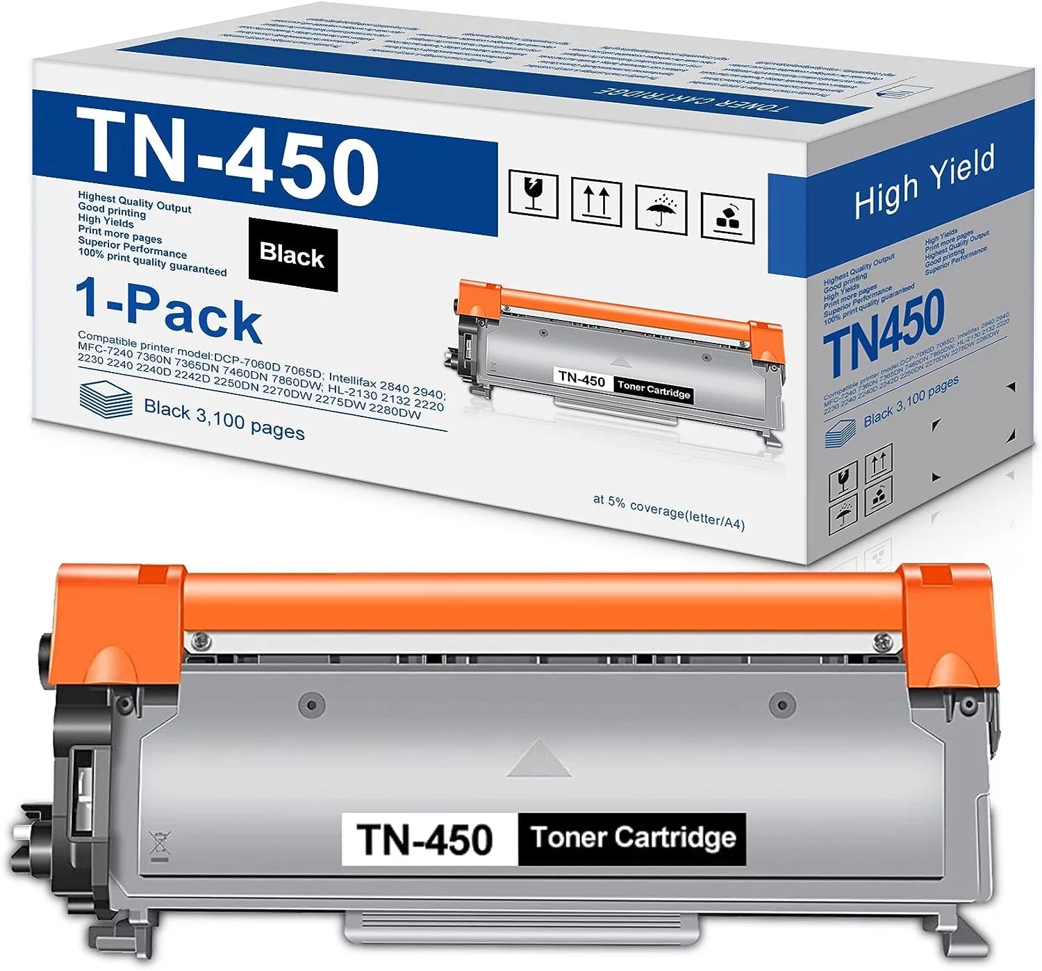 TN450 High Yield Toner Cartridge, 1-Pack, Replacement for Brother TN-450 Black Toner, Page Yield Up to 3,100 Pages