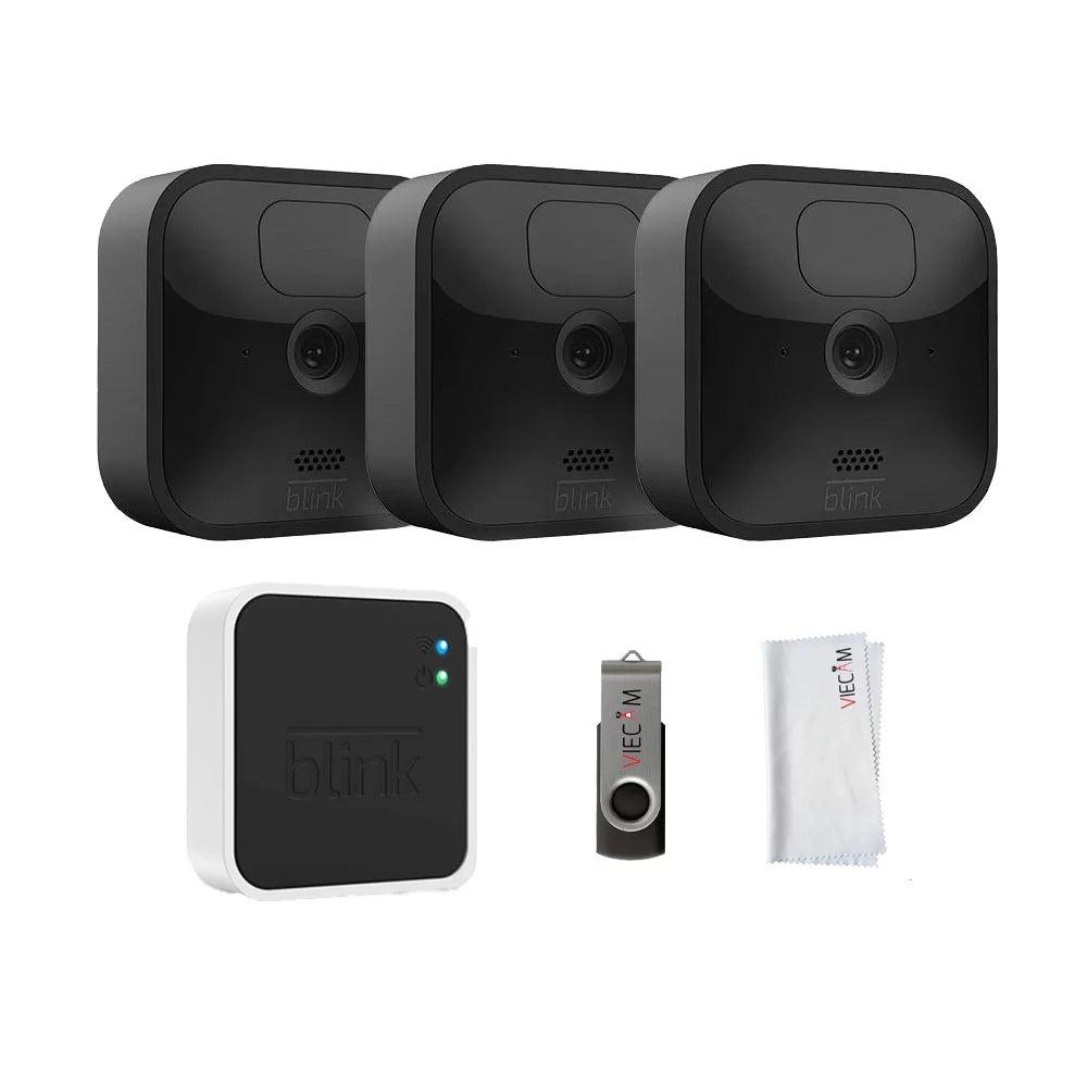 Blink Outdoor Security 3 Camera System Kit with VIECAM Accessory bundle (32GB USB drive and VIECAM Cloth) | Wireless, weather-resistant Camera with Two-Year Battery Life and Motion Detection
