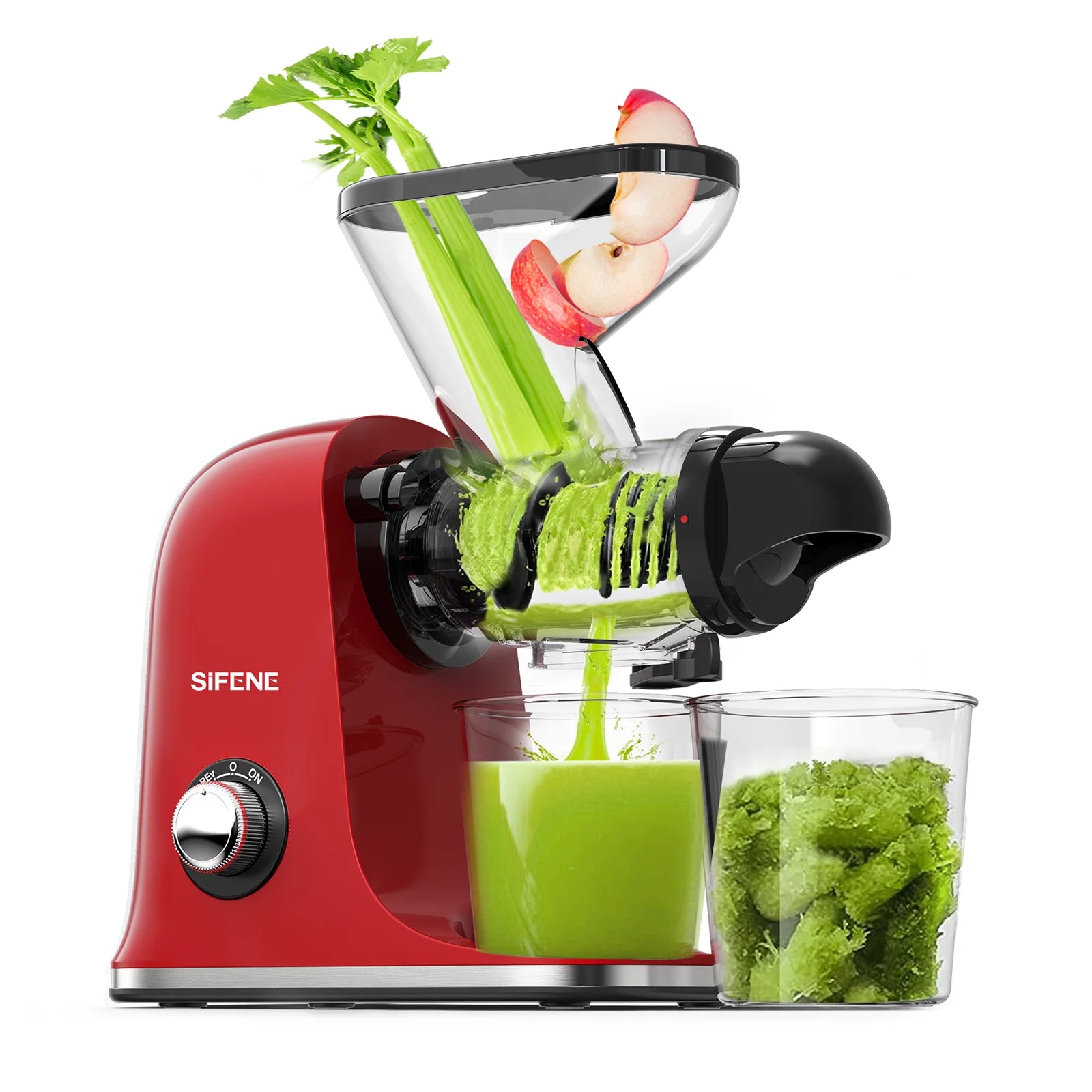 SiFENE Deluxe Cold Press Juicer - Premium Slow Masticating Extractor for Fresh Vegetable and Fruit Juice - Easy-to-Clean Squeezer with BPA-Free Components - Vibrant Red Design