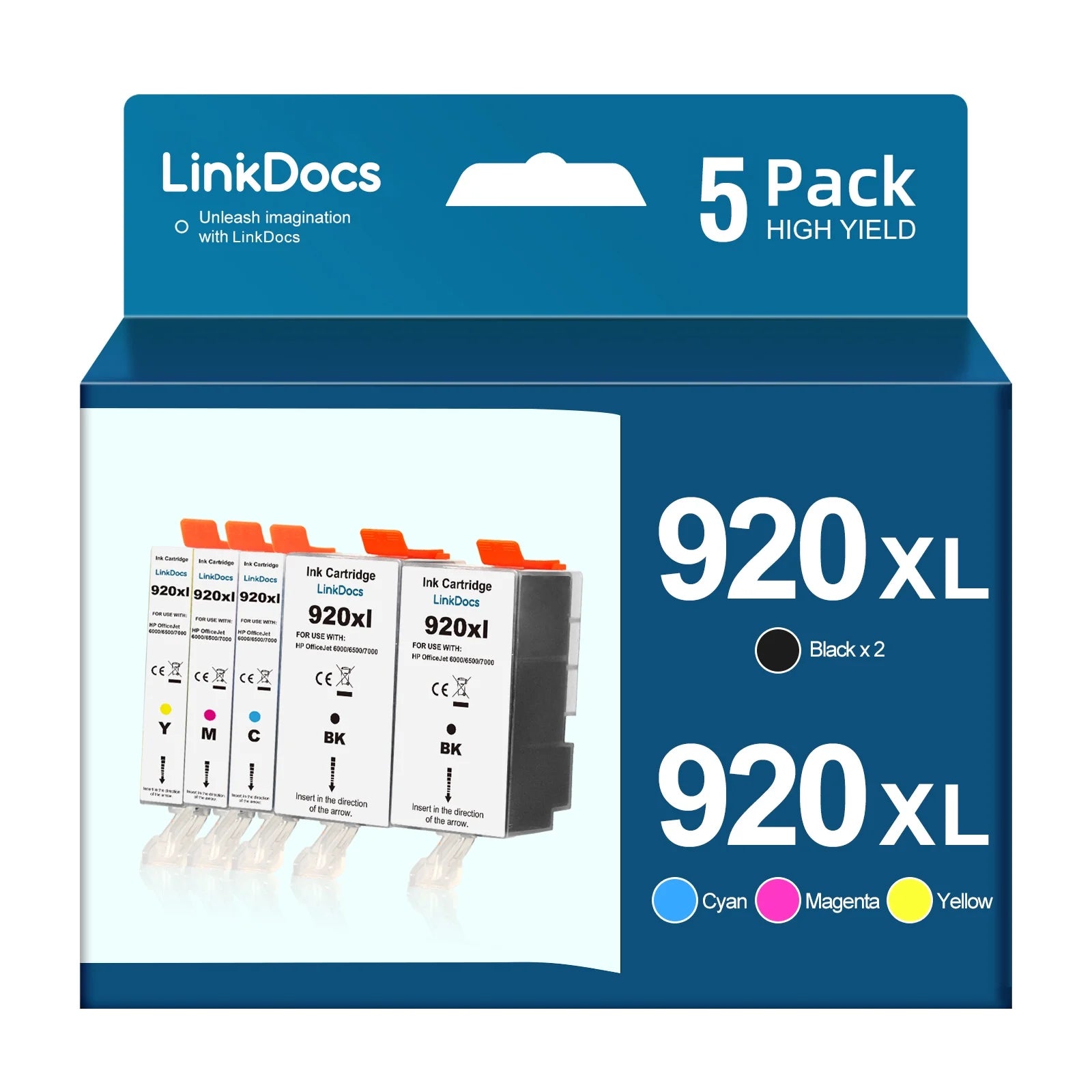 LinkDocs 920XL Compatible HP 920 XL Ink Cartridges used with HP Officejet 6000 6500 6500A 7000 7500A 7500 printers (5 Pack, 2 Black, 1 Cyan, 1 Magenta, 1 Yellow)