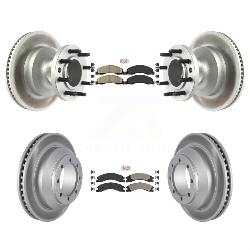 Transit Auto - Front Ceramic Rear Semi-Metallic Pads And Coated Disc Brake Rotors Hub Assembly Kit For Ford E-350 Super Duty Econoline With Dual Wheels KGA-105506
