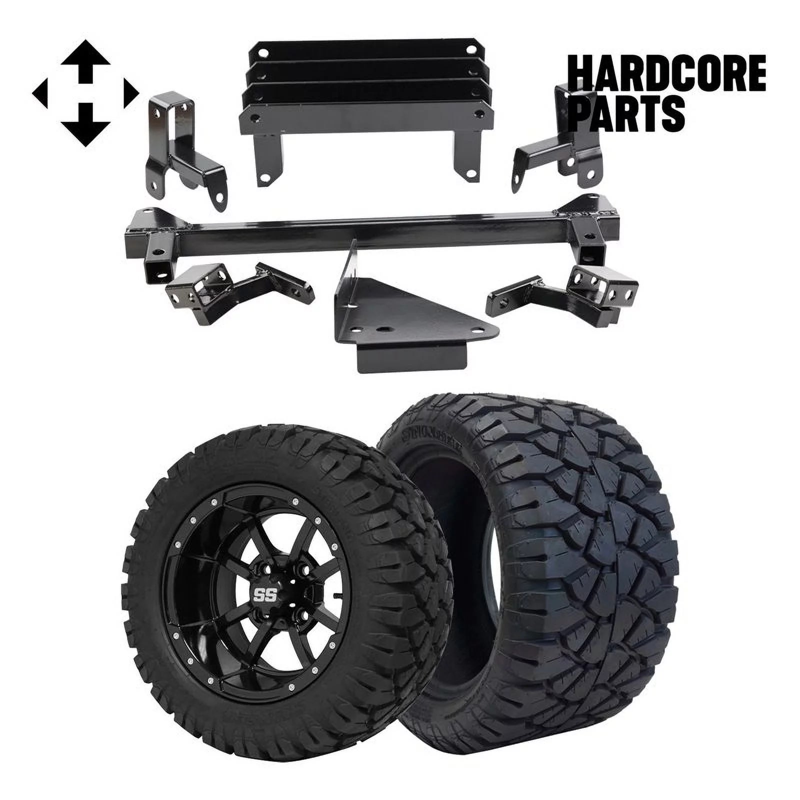 Hardcore Parts 4 Spindle Extension Lift Kit for Yamaha Drive (G29) Golf Cart with 12 Black 'Storm Trooper' Wheels and 20x10-12 STINGER On-Road/Off-Road DOT rated All-Terrain tires