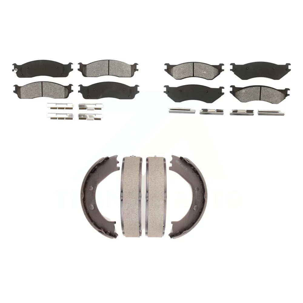 Transit Auto - Front Rear Semi-Metallic Brake Pads And Parking Shoes Kit For 2008 Dodge Ram 1500 Extended Crew Cab Pickup With 5 Lug Wheels KSN-100677