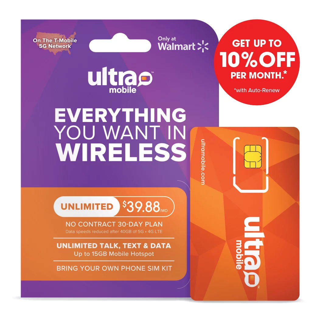 Ultra Mobile 30 Day Wireless Prepaid SIM Card Kit, 40GB Plan with 15GB Hotspot