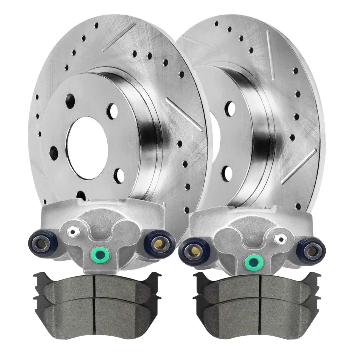 AutoShack Rear Brake Calipers Ceramic Pads Drilled Slotted Rotors Silver Kit Replacement for 2003-2007 Jeep Liberty 2004 2005 2006 TJ Wrangler 2.4L 2.8L 3.7L 4.0L V6 4WD RWD