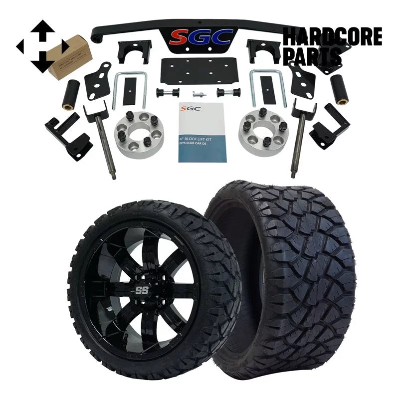 Hardcore Parts 4 Spindle Extension Lift Kit for Club Car DS (1982-2010) Golf Cart with 14 Black 'TEMPEST' Wheels and 20x8.5-14 STINGER On-Road/Off-Road DOT rated All-Terrain tires