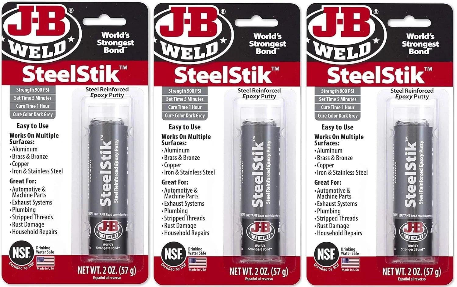 J-B Weld 8267-S SteelStik Steel Reinforced Epoxy Putty Stick - 2 oz, Pack of 3