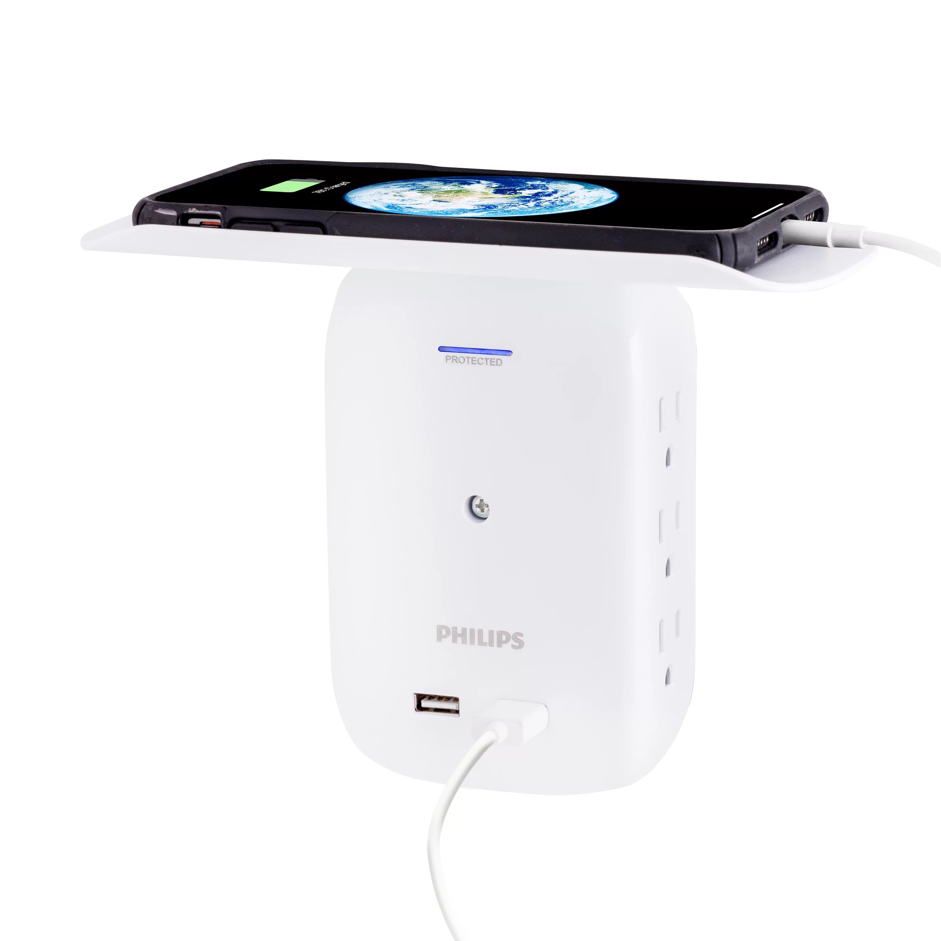 Philips 6-Outlet Surge Protector Tap with Device Shelf, 450J, 2 USB, White ¨C SPS6024WA