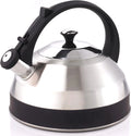 Stainless Steel Whistling Teakettle With Aluminum Capsulated Bottom Brushed Finish Body With Black Matte Band And Coated Handle, 2.8 Quart