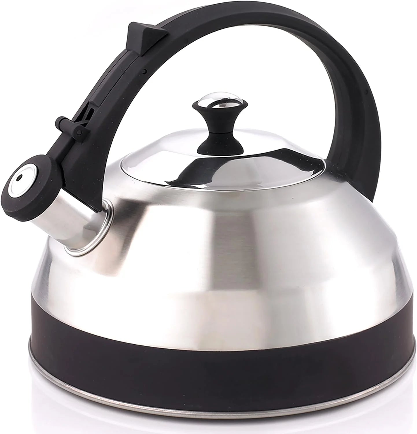 Stainless Steel Whistling Teakettle With Aluminum Capsulated Bottom Brushed Finish Body With Black Matte Band And Coated Handle, 2.8 Quart