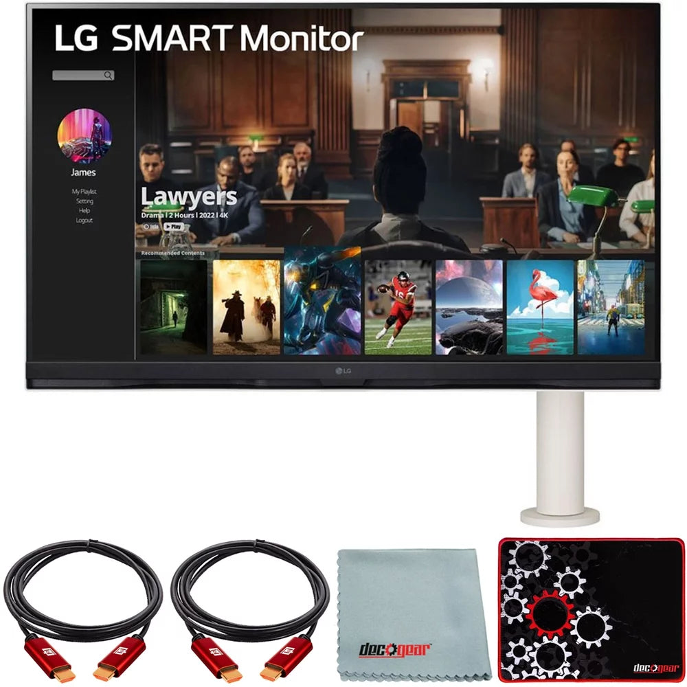 LG 32SQ780S-W 32 inch 4K UHD Smart Monitor with webOS and Ergo Stand Bundle with Deco Gear HDMI Cable 2 Pack + Gamer Surface Mousepad + Screen Cloth
