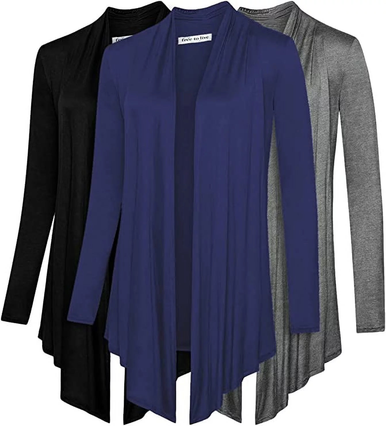 Free to Live 3 Pack Women's Long Sleeve Cardigans - Open Front Drape Lightweight Knit Sweater
