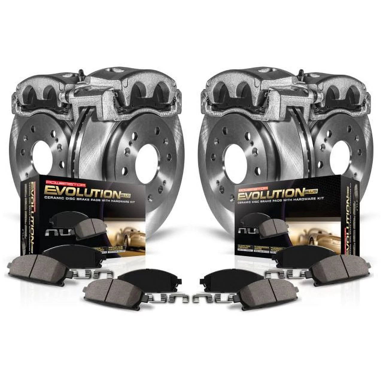 Power Stop Front and Rear Stock Replacement Brake Pad and Rotor Kit with Calipers KCOE2853