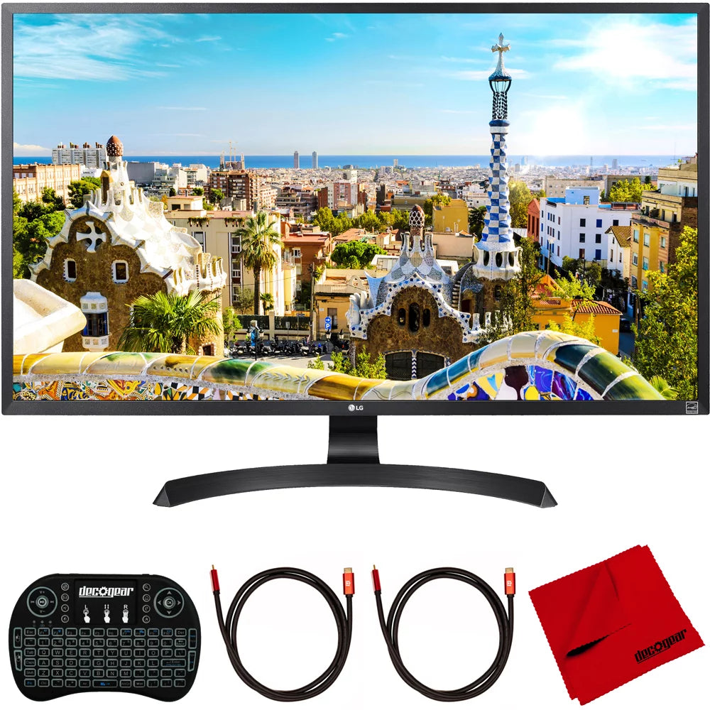 LG 32UD59-B 32 inch 4K UHD LED Monitor 3840 x 2160 16:9 Bundle with Deco Gear 2.4GHz Wireless Backlit Keyboard Smart Remote with Touchpad Mouse, 2x HDMI Cable and Microfiber Cleaning Cloth