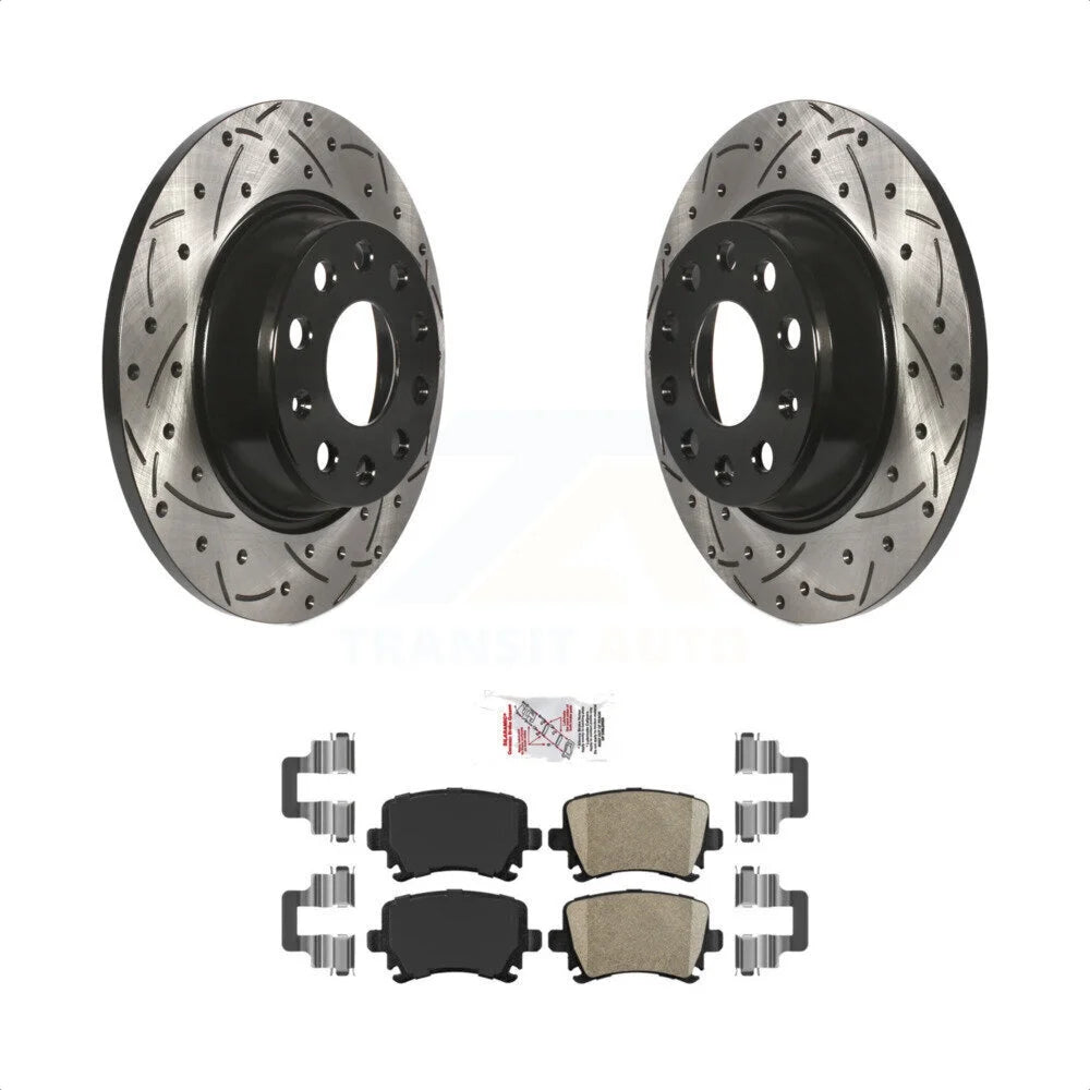 Transit Auto - Rear Coated Drilled Slotted Disc Brake Rotors And Ceramic Pads Kit For Volkswagen CC Jetta Tiguan Passat Audi GTI A3 Eos Limited Quattro KDA-101913