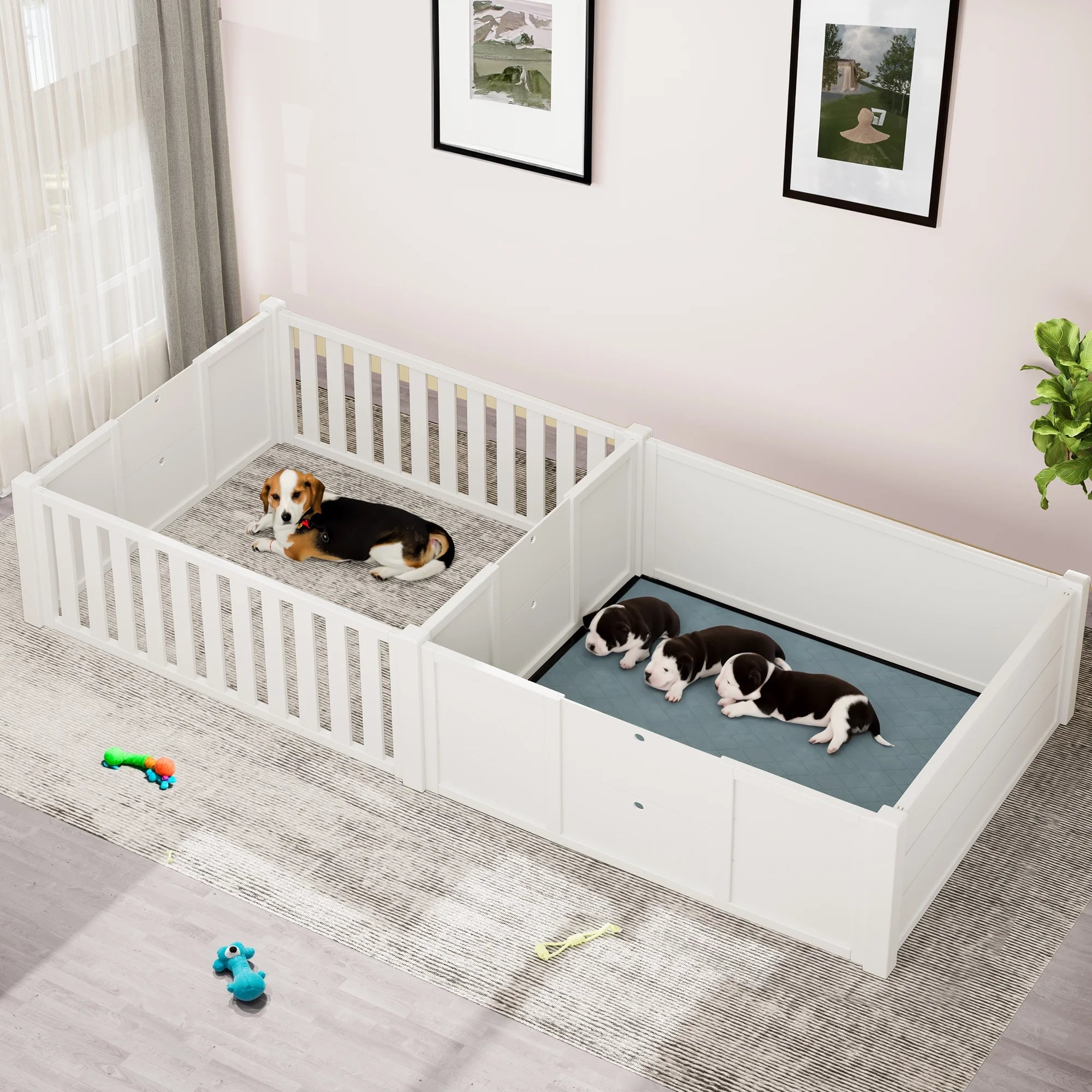 Dextrus Whelping Box for Dogs£¬Spacious Wooden Dog Pen with Waterproof Floor Mat, Double Rooms for Large, Medium and Small Dogs Puppies,78L x 39.4W x 17.7H,White