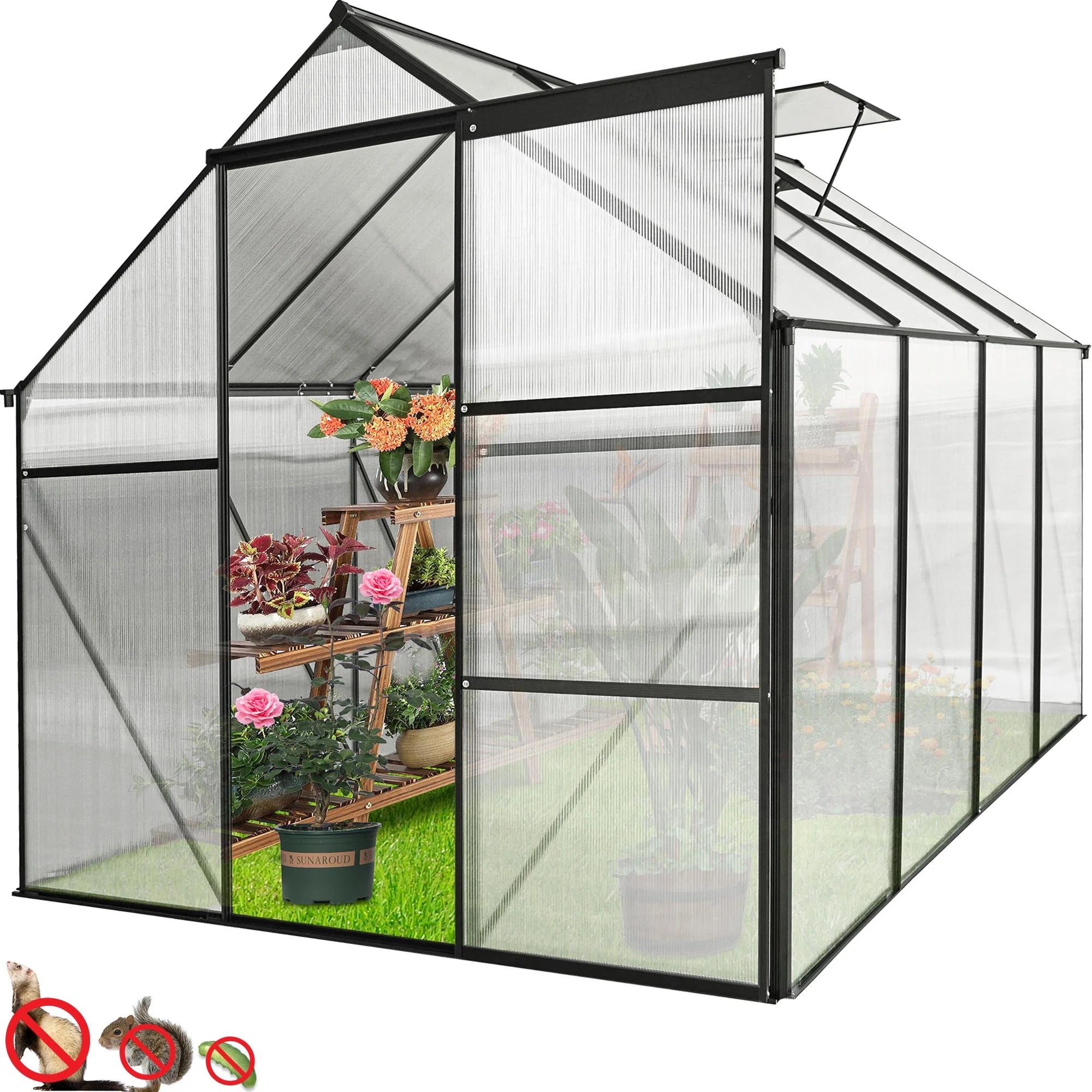 Seizeen Greenhouse for Outdoor,6x8FT Large Walk-in Green House, Polycarbonate Greenhouse Kit Heavy Duty Aluminum Frame, Skylight, Sliding Door, Side Gutter