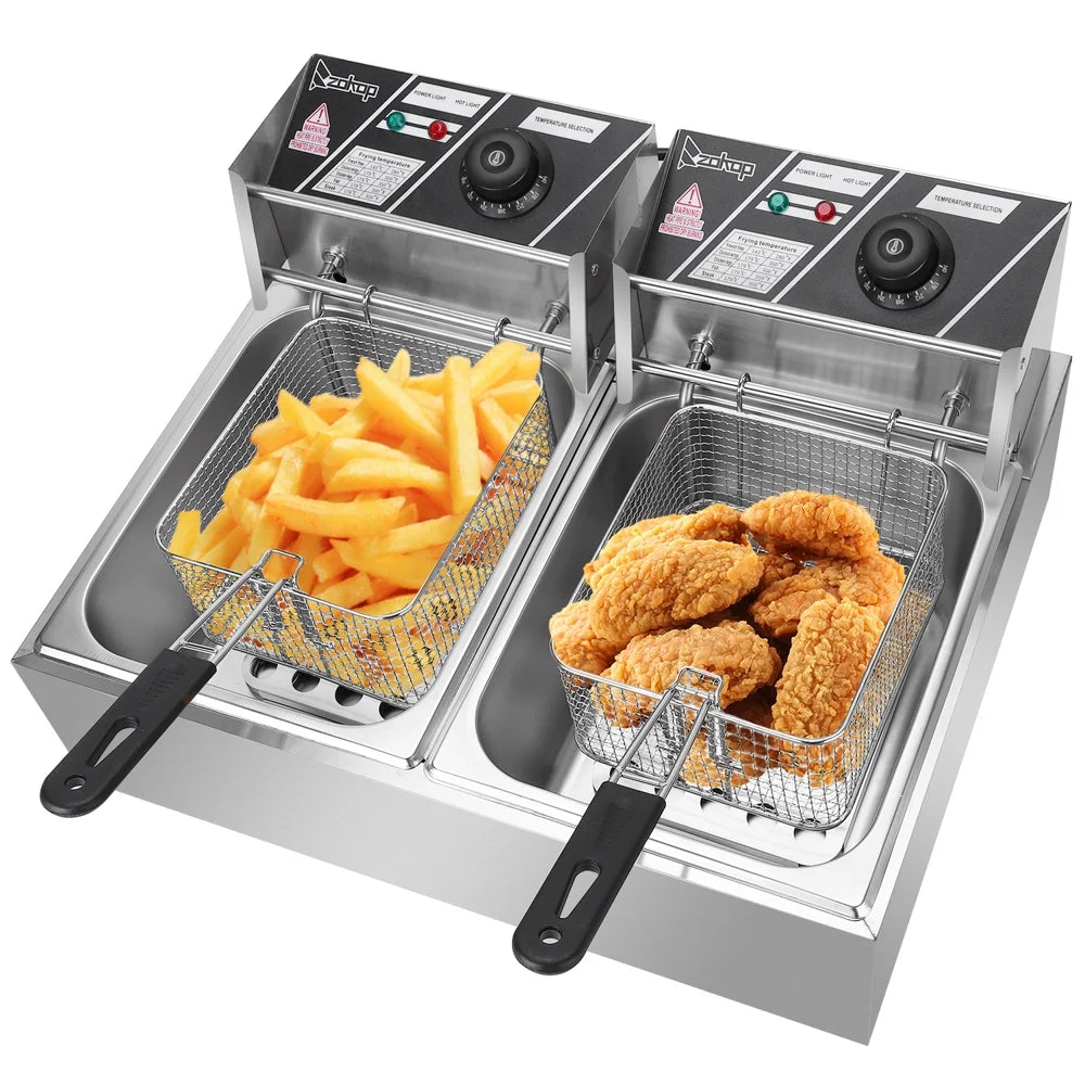 Deep Fryer with Dual Tank, 5000W 12L Stainless Steel Electric Commercial Countertop Deep Fryer, Adjustable Temperature Limiter for Turkey French Fries Home