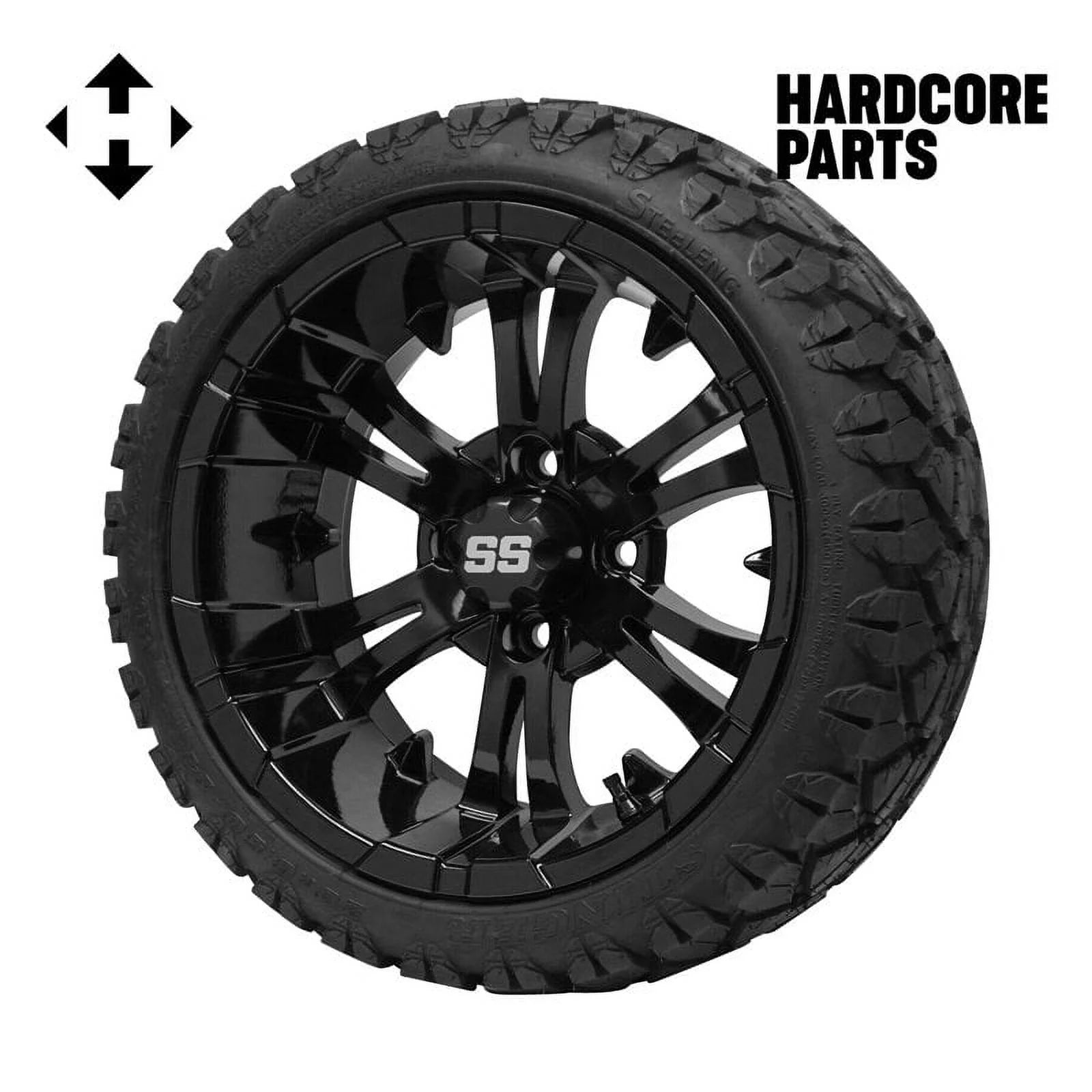 Hardcore Parts 14 Black 'VAMPIRE' Golf Cart Wheels and 20x8.5-14 STINGER On-Road/Off-Road DOT rated All-Terrain tires - Set of 4, includes Black 'SS' center caps and 1/2x20 Black lug nuts